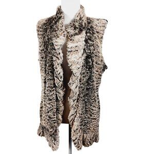Multiples, MED Faux Fur Vest, Cream & Brown Open Front, Ruffled Trim, Cozy Chic